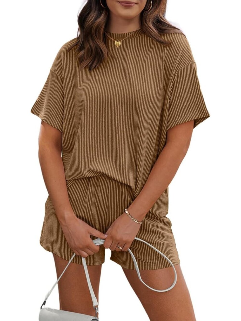〽️Women's Shorts Set Coffee Short Sleeves 2 Piece Oversized Matching Tracksuit